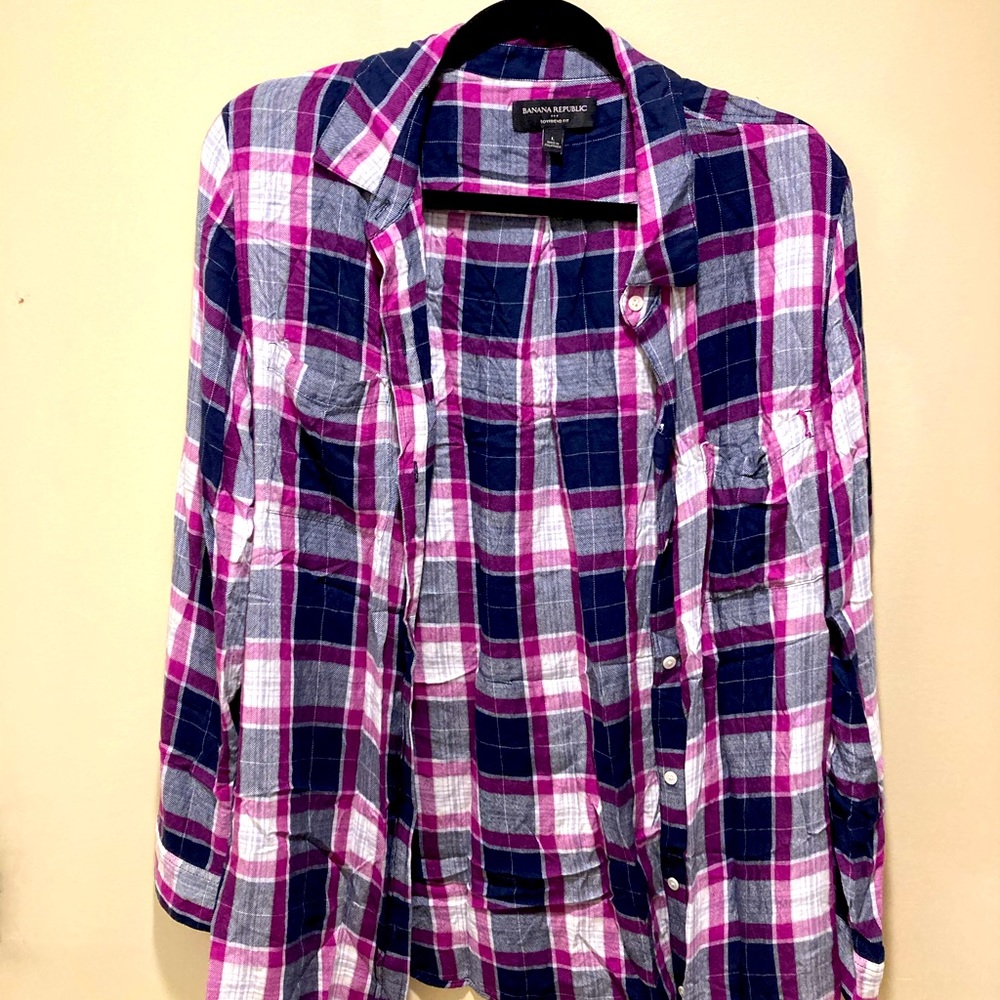 Banana Republic Boyfriend Fit Plaid Button Down Shirt Size L